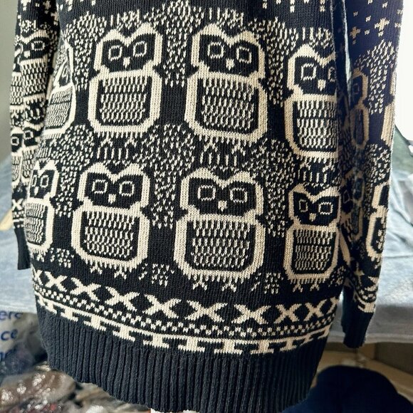 ANYBODY Collection Owl Sweater Women’s Lg Black/Tan Open Front Long Sleeve READ* - Picture 8 of 15